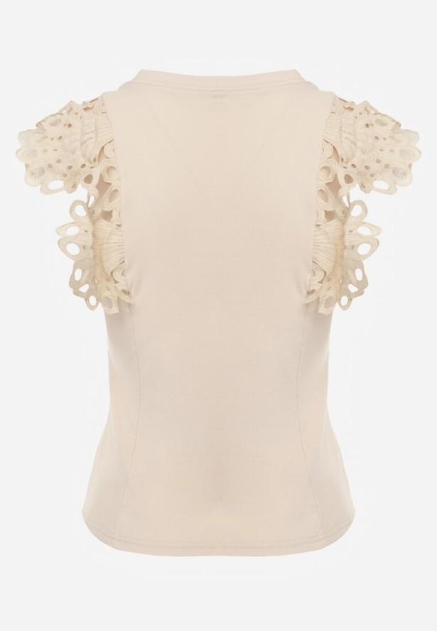 Jasnobeżowy Top z Bawełny z Ozdobną Koronką Adexis