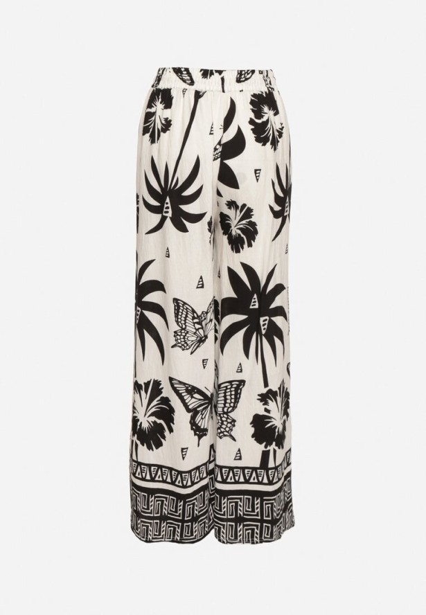 Czarno-Beżowe Spodnie z Tropikalnym Wzorem i Szerokimi Nogawkami Emivelli
