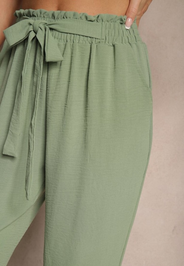Zielone Spodnie High Waist Ozdobione Wiązanym Paskiem Araleira