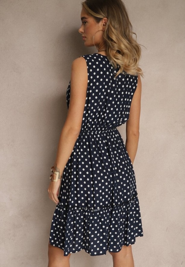 Granatowa Rozkloszowana Sukienka z Bawełną i Wiskozą ze Wzorem Kropek Lilamora