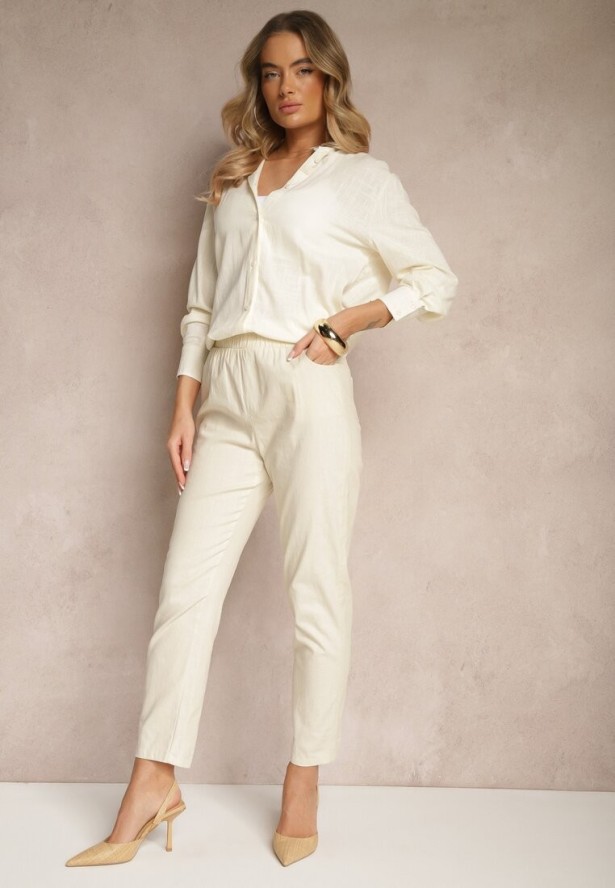 Beżowe Spodnie z Bawełny Ozdobione Wiązaniem Zentebis