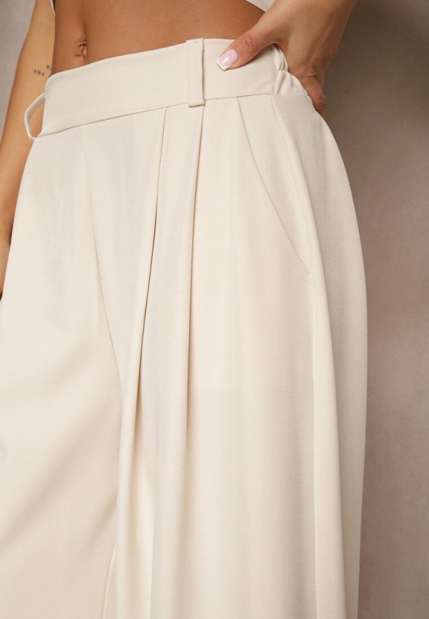 Beżowe Eleganckie Spodnie Palazzo z Szerokimi Nogawkami Adivisa