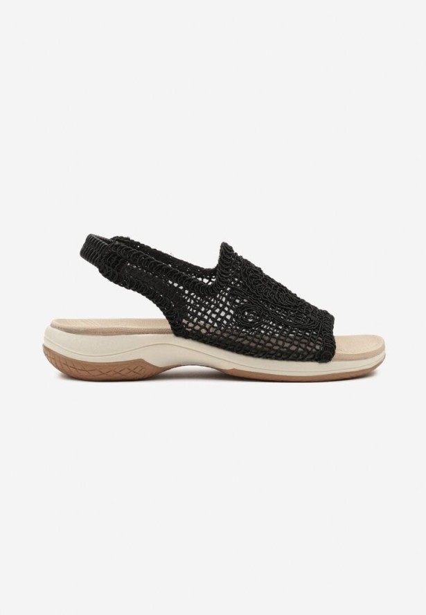 Czarne Siateczkowe Sandały Ozdobione Haftem Tatimora