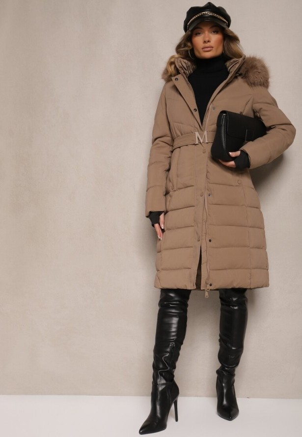 Ciemnobeżowa Kurtka z Odpinanym Futerkiem Taliowana o Długim Fasonie Delavira