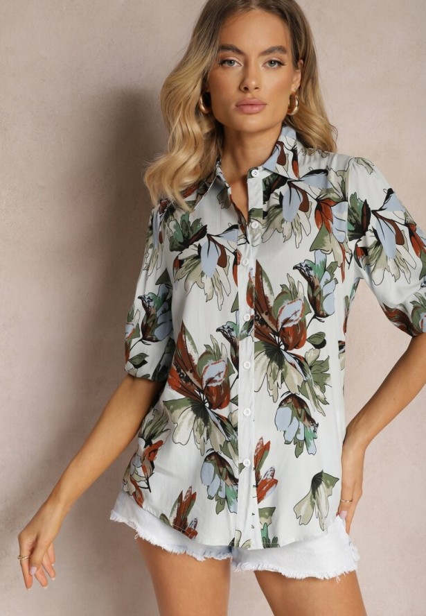 Jasnoniebieska Koszula z Wiskozy Zapinana na Guziki z Rękawami 3/4 Bredria