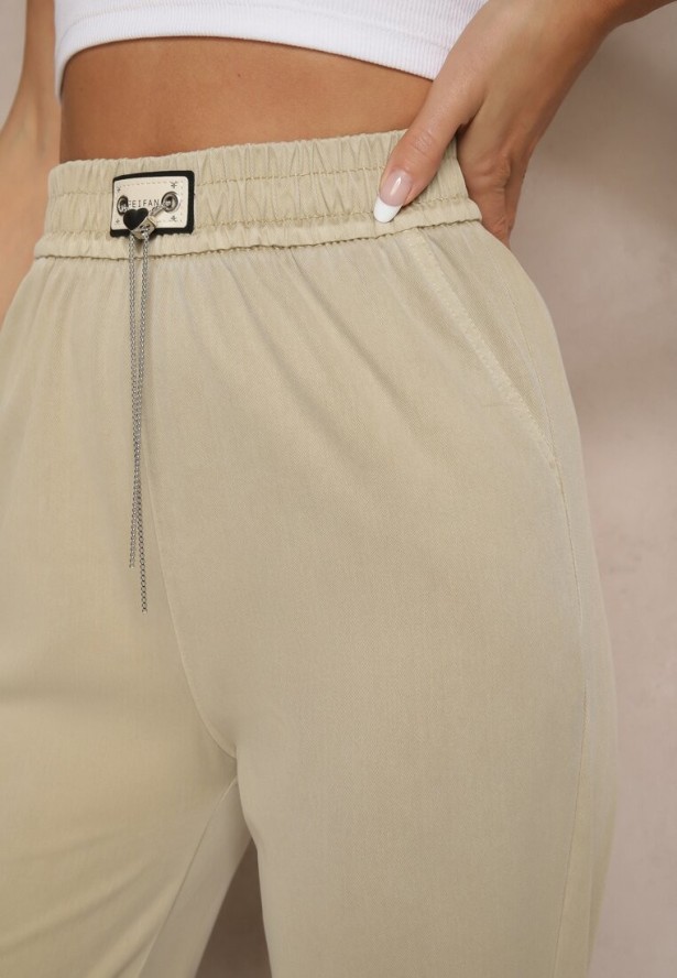 Beżowe Spodnie z Wiskozą High Waist z Ozdobną Aplikacją Frovanna