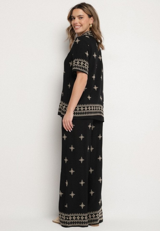 Czarny Komplet z Wiskozy Zdobiony Haftem Koszula i Spodnie Oversize Iffiselle