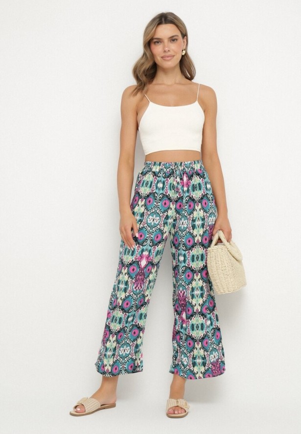 Zielono-Różowe Spodnie Szerokie z Bawełny w Etno Print Tolivenna