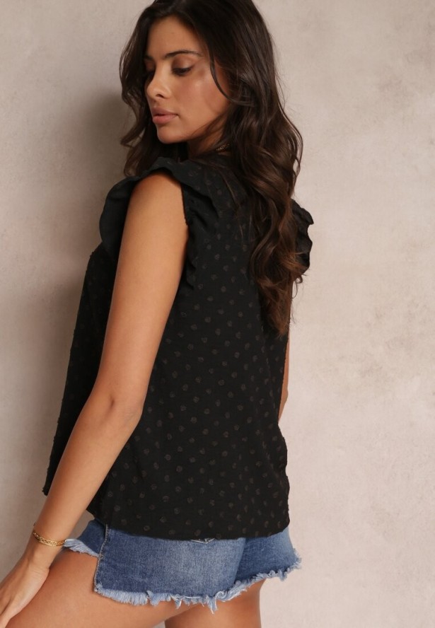 Czarna Bluzka Top z Ozdobnym Dekoltem i Falbankami przy Ramionach Briara