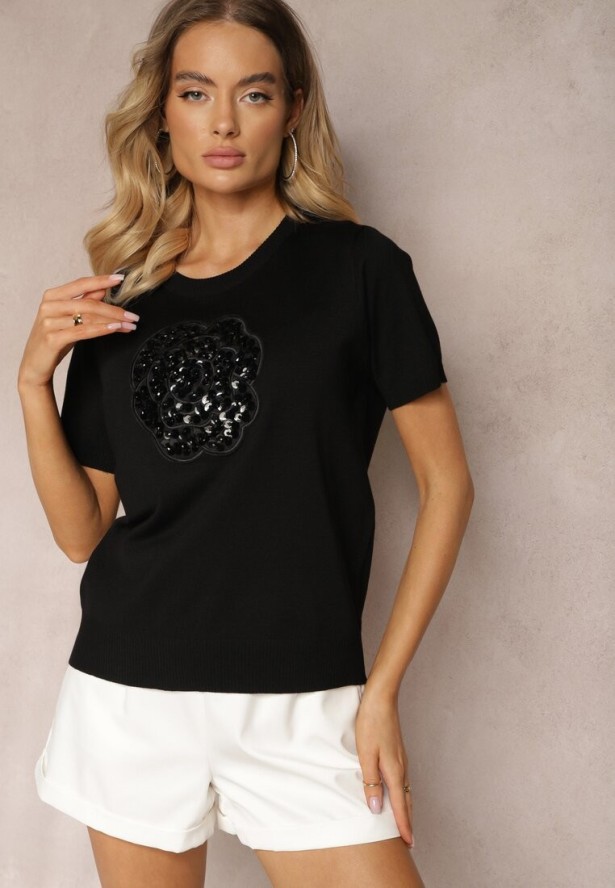 Czarna Bluzka z Wiskozy Ozdobiona Cekinami i Kryształkami Chaina