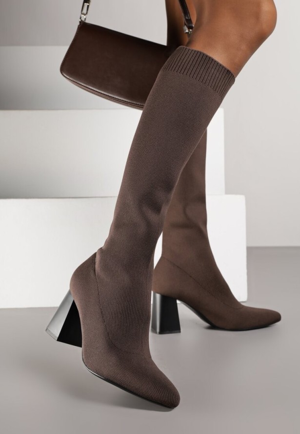 Brązowe Eleganckie Kozaki VICES na Słupku ze Skarpetkową Cholewką Mialles