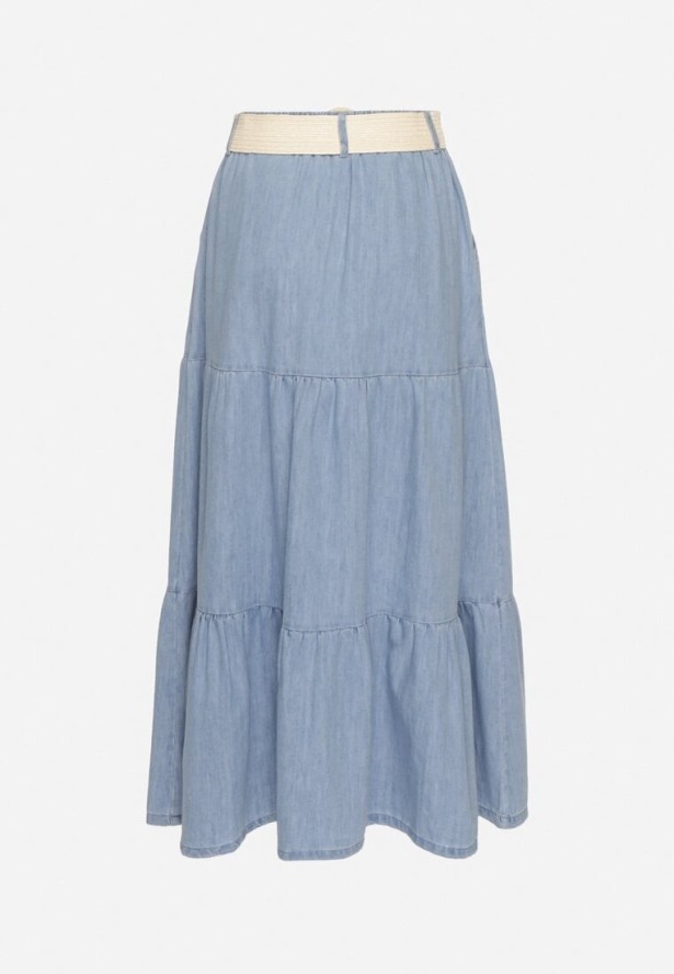 Niebieska Bawełniana Spódnica Jeansowa Rozkloszowana z Paskiem i Ozdobnymi Guzikami Natenelia