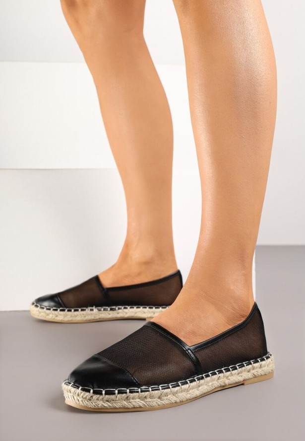 Czarne Espadryle z Siateczki na Plecionej Podeszwie Folirelin