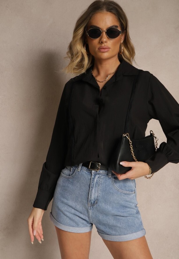 Czarna Koszula z Wiskozą Ozdobiona Koronką Tenamara