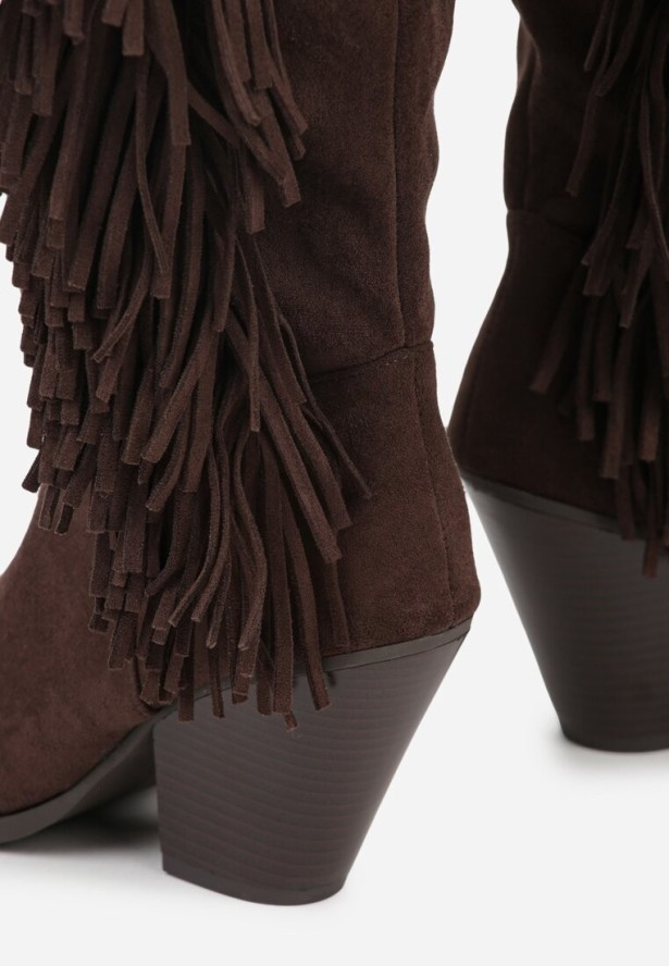Ciemnobrązowe Kozaki Kowbojki na Stożku z Imitacji Zamszu Zdobione Frędzlami Rabella