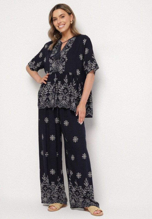 Granatowy Wiskozowy Komplet Bluzka z Wiązaniem i Spodnie Lunavelia