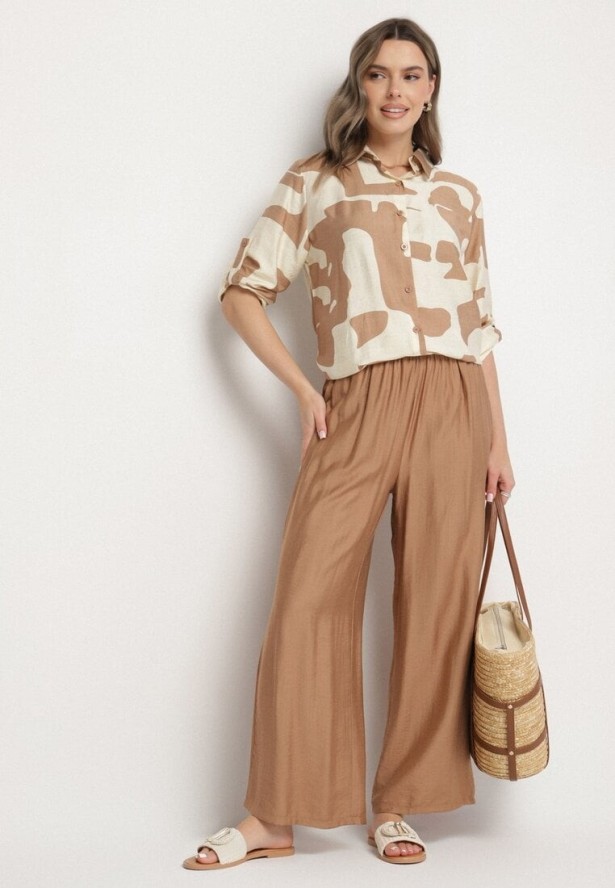 Jasnobeżowy Komplet z Wiskozą Koszula z Geometrycznym Wzorem i Spodnie Rinavinea