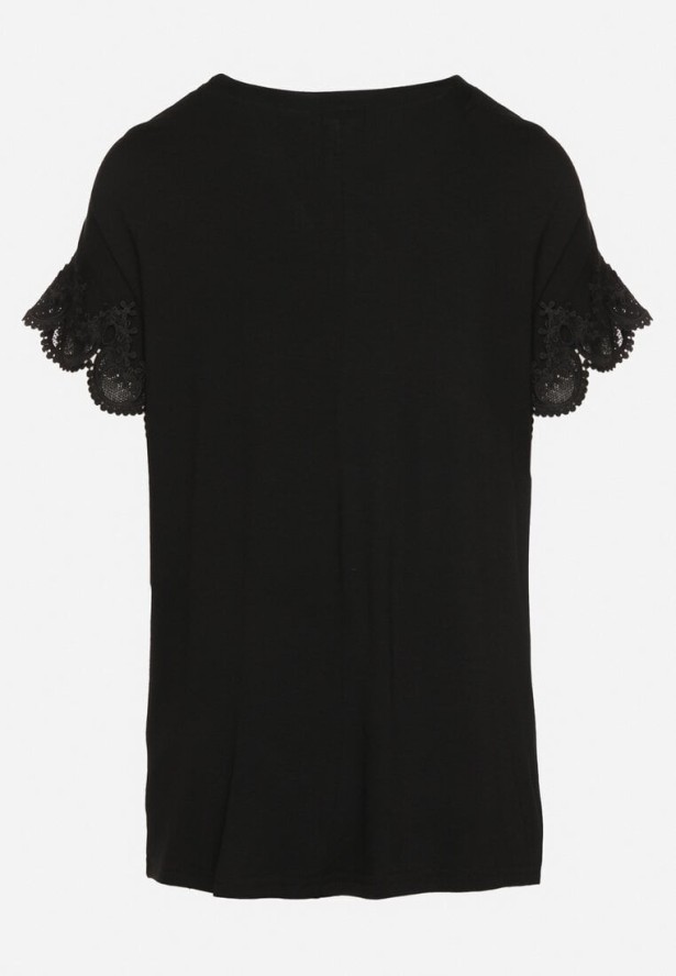 Czarna Bawełniana Bluzka Nietoperz z Koronkowymi Rękawami z Cyrkoniami Adivain