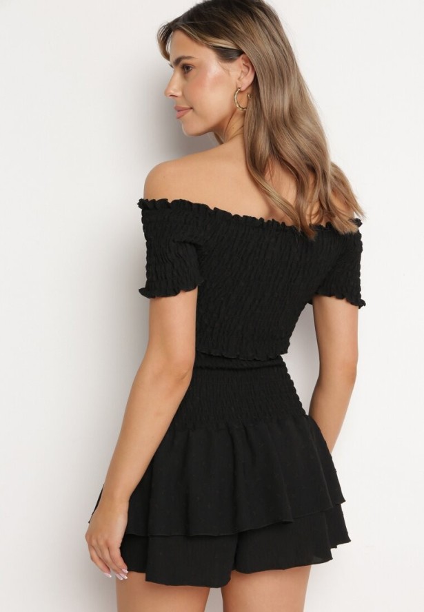 Czarny Komplet Top w Stylu Hiszpanki i Spódnico-Szorty z Gumką Quillatta