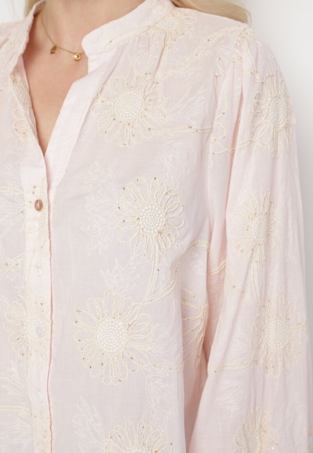 Różowa Bawełniana Koszula Zdobiona Haftem w Kwiatowy Wzór z Cekinami Gonirith