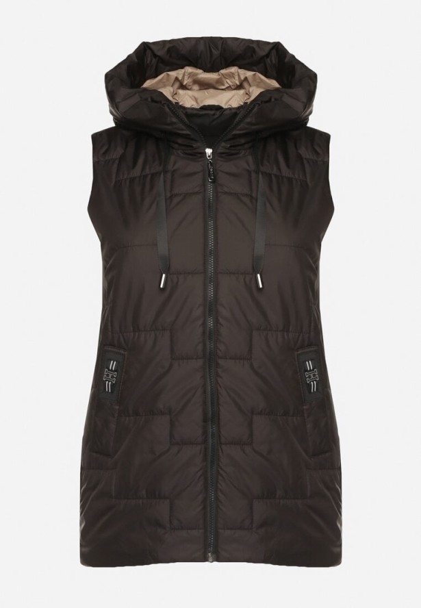 Czarna Pikowana Kamizelka z Kapturem i Sznurkami Imvila