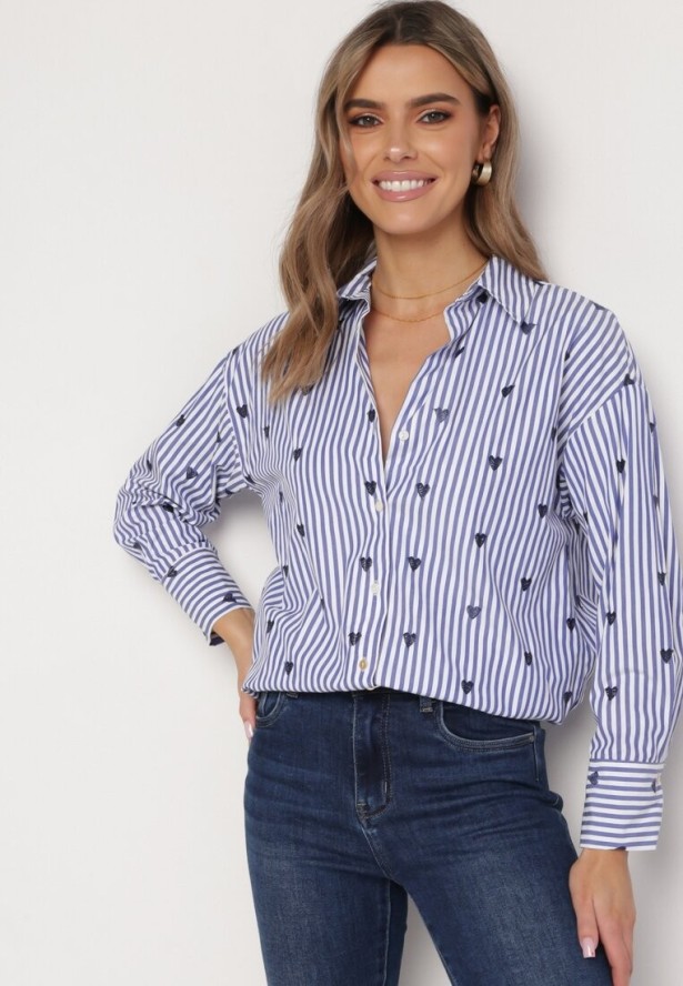 Granatowa Bawełniana Koszula w Paski z Haftowanymi Sercami Larnieka