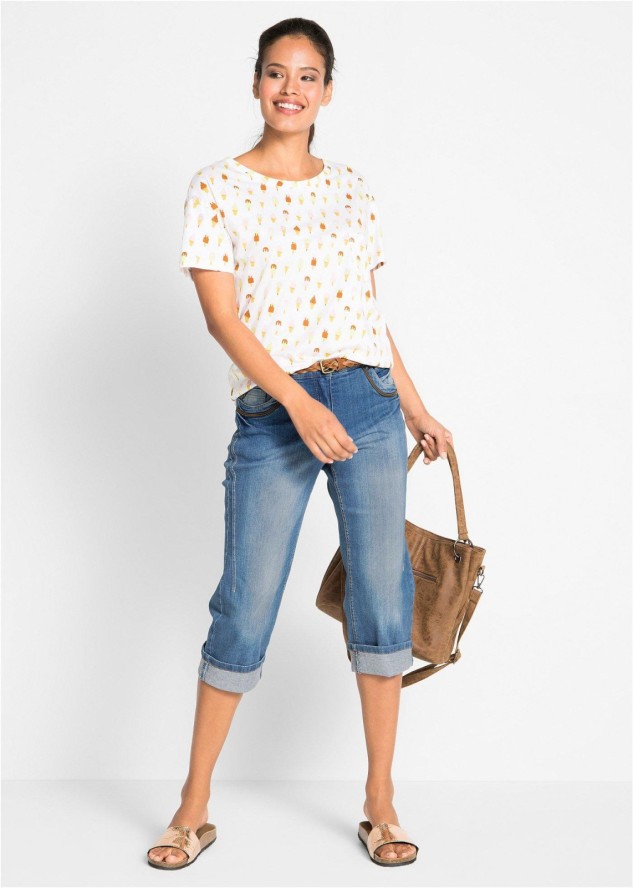 Dżinsy rybaczki Slim Fit, mid waist, bawełna