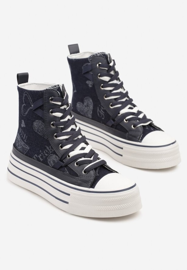 Granatowe Trampki na Grubej Podeszwie w Serduszka za Kostkę Umirana