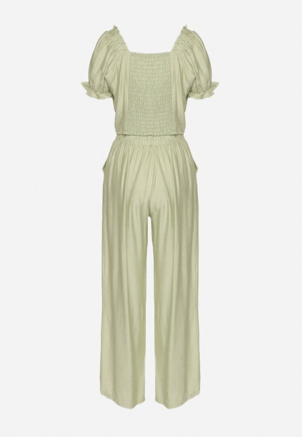 Jasnozielony Wiskozowy Komplet Spodnie o Szerokim Kroju i Top Heltebia