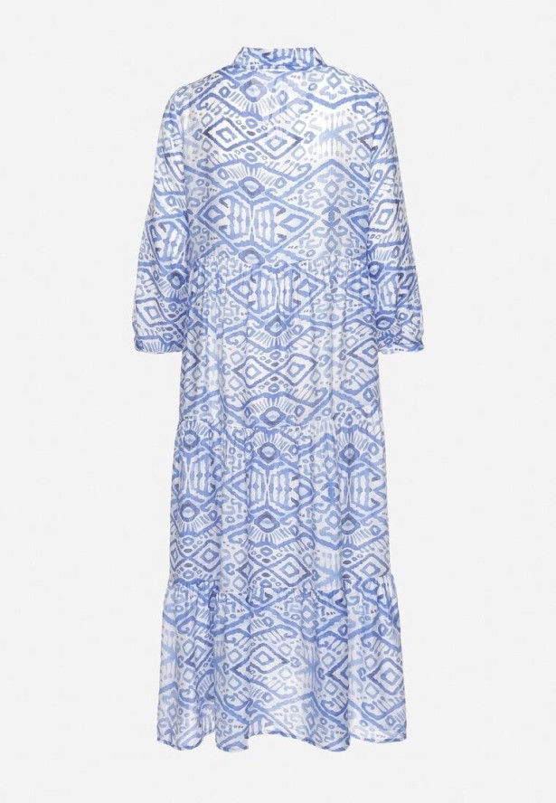 Niebieska Rozkloszowana Sukienka w Stylu Boho Wiązana przy Dekolcie z Falbankami Dimasia