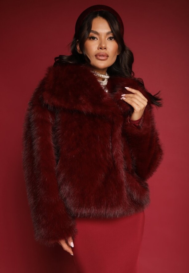 Bordowa Kurtka ze Sztucznego Futra Ozdobiona Kołnierzem Meriian