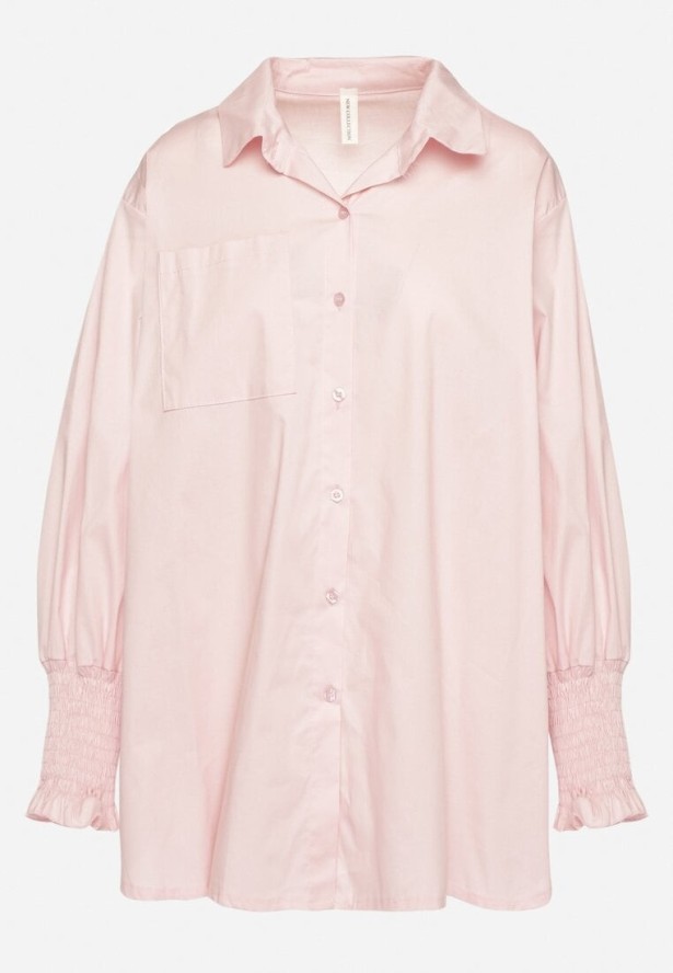 Jasnoróżowa Bawełniana Koszula z Marszczonymi Rękawami i Falbankami Tanandoria