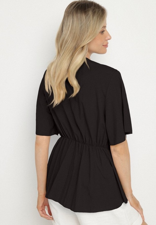 Czarna Kopertowa Bluzka z Wiskozą Ozdobiona Supłem Tanathria