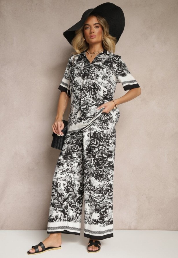 Czarny Komplet z Wiskozy Koszula i Spodnie z Motywem Roślinnym Ridiene