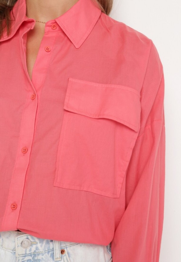 Ciemnoróżowa Bawełniana Koszula z Dłuższym Tyłem z Ozdobną Kieszonką i Gumką Ralena