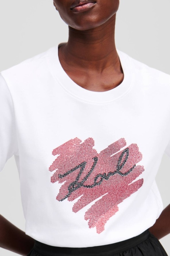 KARL LAGERFELD Biały damski t-shirt z cyrkoniami Hearts RS, Rozmiar S