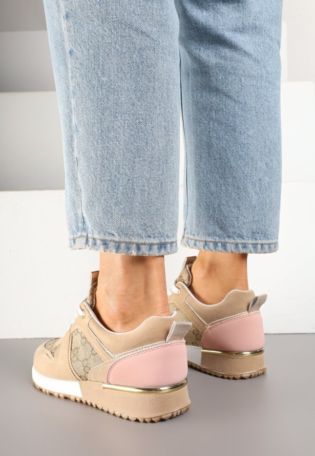 Beżowo-Różowe Sneakersy Ozdobione Wzorzystymi Wstawkami Halisna