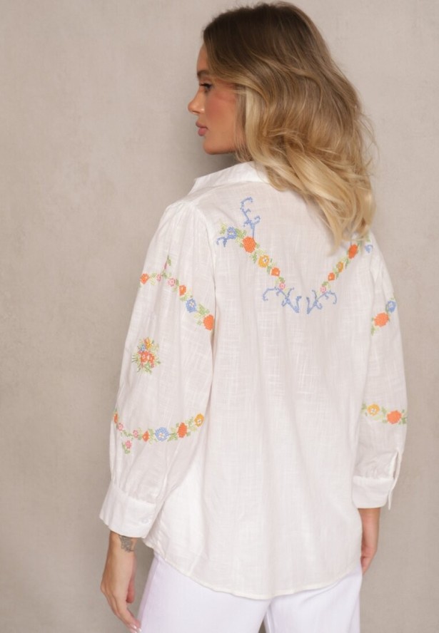 Biała Bawełniana Koszula z Haftem i Regulacją przy Rękawach Donithia