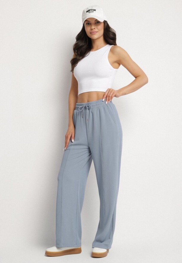 Niebieskie Szerokie Spodnie z Wysokim Stanem i Wiązaniem Deannie