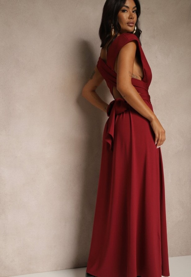 Bordowa Sukienka Koktajlowa Multiway z Wiskozą Wiązana na Szyi Lilovea