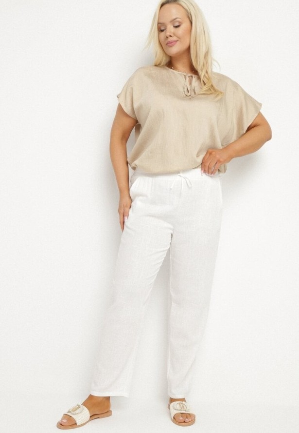 Białe Spodnie z Lnem i Elastyczną Gumką w Pasie Nativena