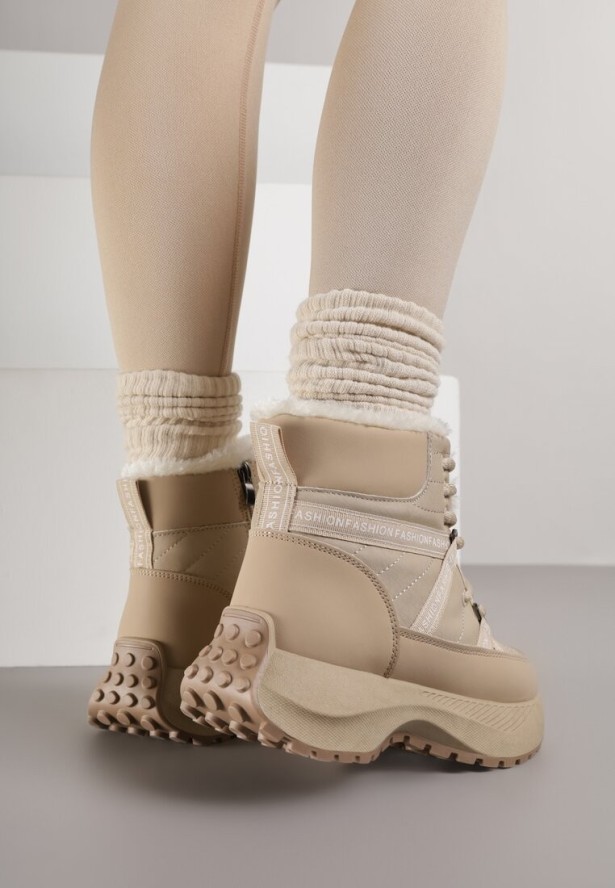 Ciemnobeżowe Śniegowce na Grubej Podeszwie z Geometrycznym Wzorem Alwedea