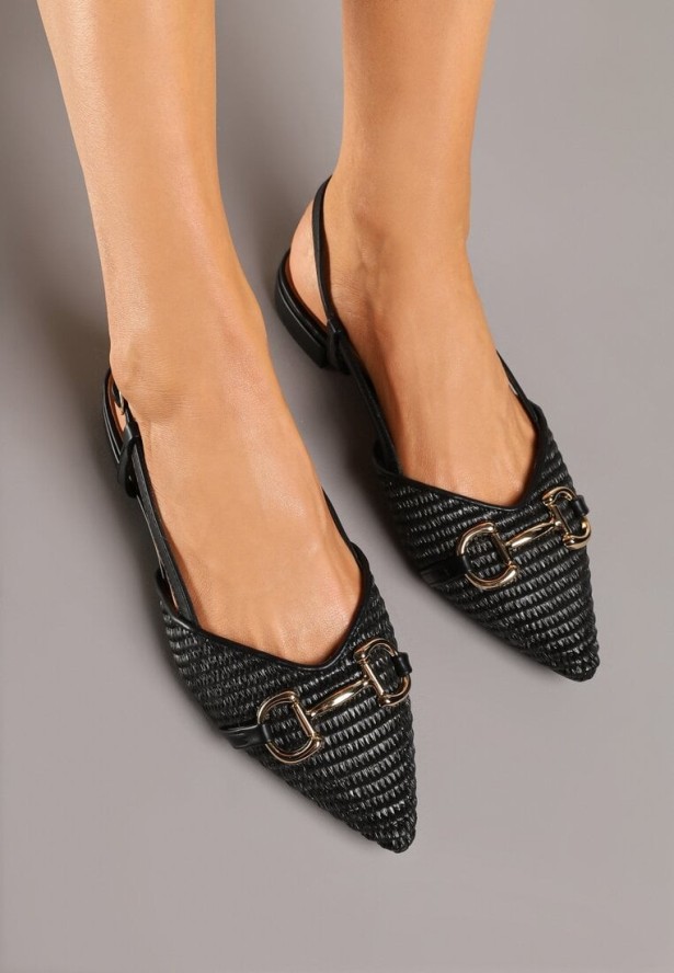 Czarne Sandały Slingback z Tweedowymi Zdobieniami i Metaliczną Aplikacją Annilena