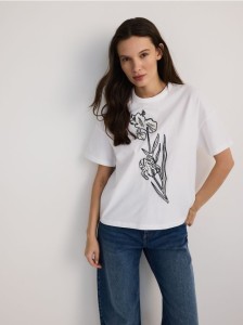 Bawełniany T-shirt z haftem - biały