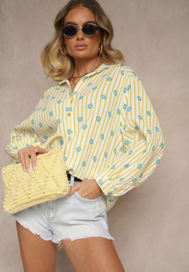 Żółta Koszula z Bawełny ze Wzorem Pasków i Kwiatów Naphera