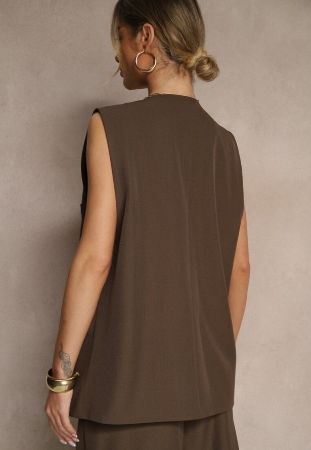 Brązowa Garniturowa Kamizelka z Ozdobnymi Kieszonkami i Guzikami Sonadorea