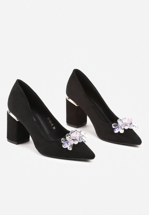 Czarno-Srebrne Czółenka Ozdobione Kryształkami na Słupku ze Szpiczastym Noskiem Isanile