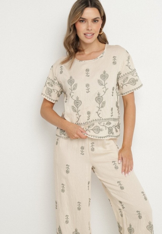 Beżowy Komplet z Wiskozy Zdobiony Haftem T-shirt i Szerokie Spodnie Tezonea