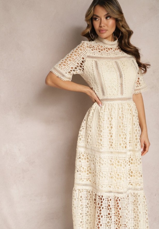 Beżowa Rozkloszowana Sukienka Maxi Ażurowa z Falbanką Ranilette