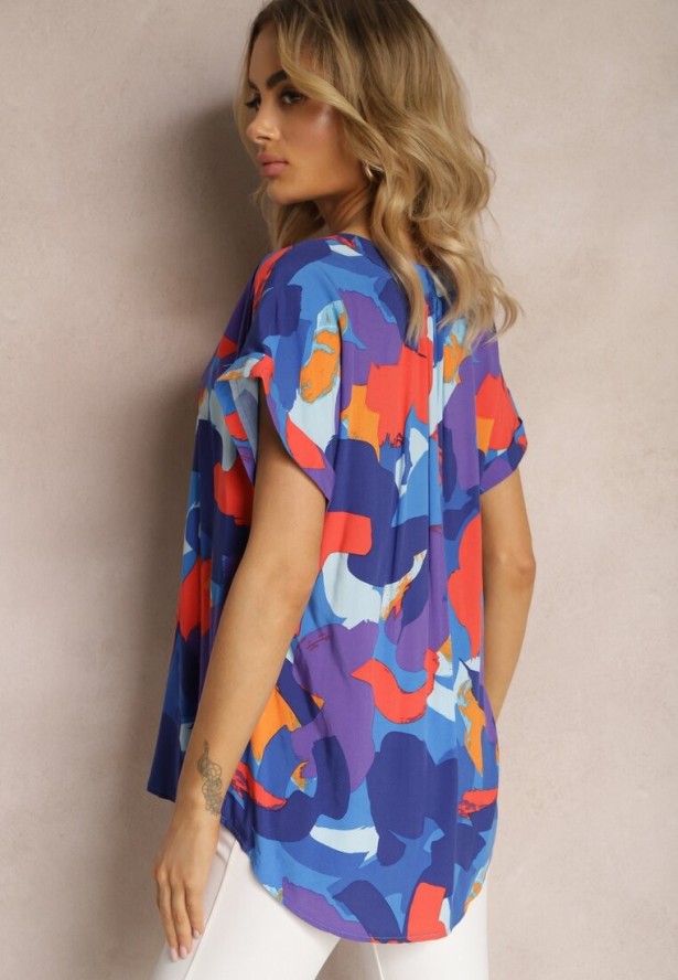 Niebiesko-Pomarańczowa Bluzka z Wiskozy z Trójkątnym Dekoltem i Abstrakcyjnym Wzorem Duvina